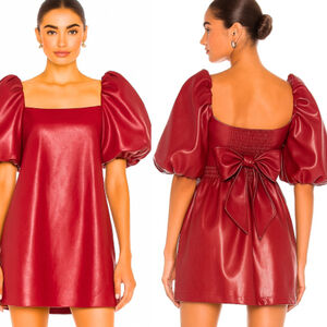 NWT ANTHROPOLOGIE Greer Faux Leather Mini Dress Cherry Red Statement Puff Sleeve